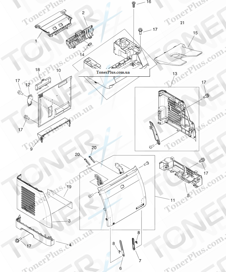 Каталог запчастей для HP Color LaserJet CM1017 MFP - External panels and covers