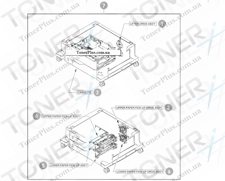 Каталог запчастей для HP Color LaserJet CM4730 MFP - 2 X 500-sheet paper feeder assembly locations