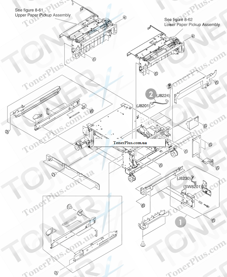 Каталог запчастей для HP Color LaserJet CM4730 MFP - 2 X 500-sheet paper feeder internal components (1 of 2)
