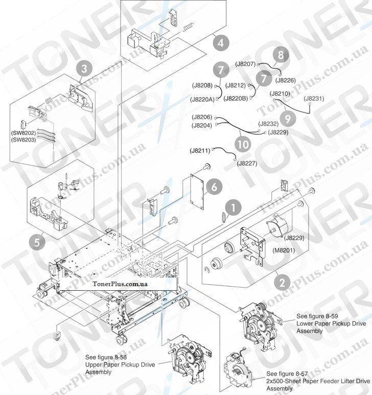 Каталог запчастей для HP Color LaserJet CM4730 MFP - 2 X 500-sheet paper feeder internal components (2 of 2)
