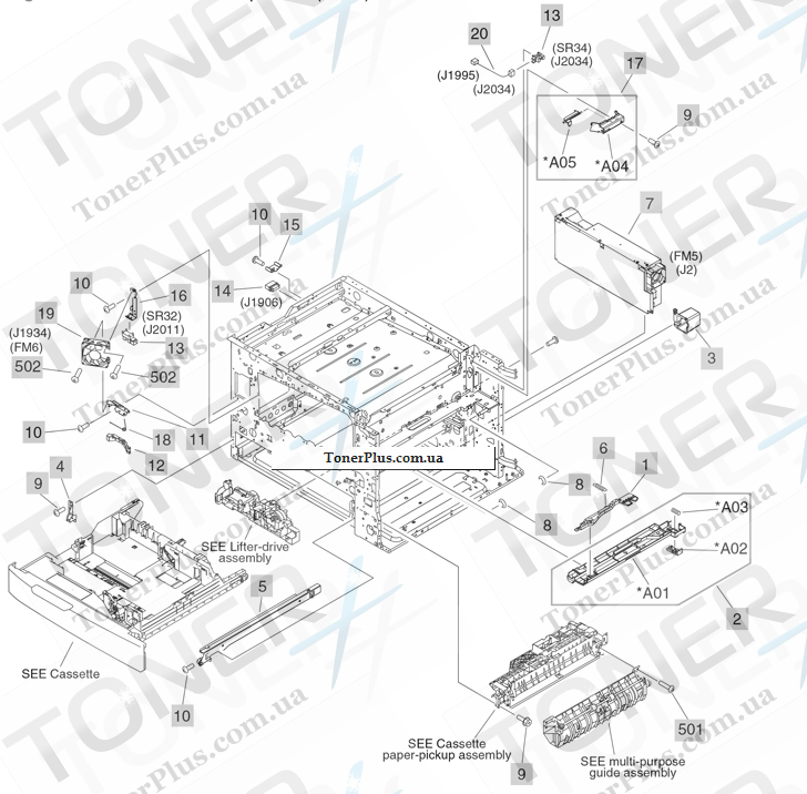 Каталог запчастей для HP Color LaserJet CM6030 MFP - Printer internal components (5 of 7)