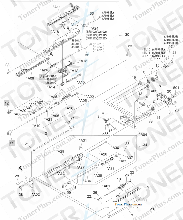 Каталог запчастей для HP Color LaserJet CM6030 MFP - Input-tray paper-pickup assembly
