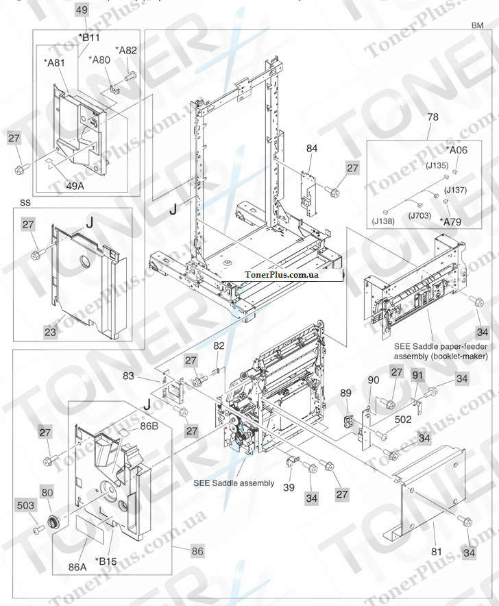 Каталог запчастей для HP Color LaserJet CM6040 MFP - Finisher (5 of 5) (stapler/stacker and booklet-maker)