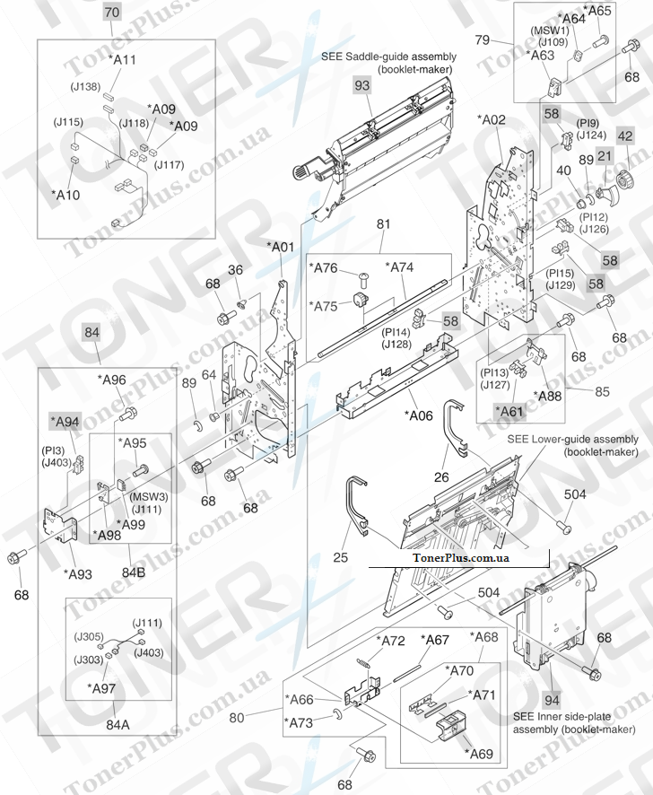 Каталог запчастей для HP Color LaserJet CM6030f MFP - Saddle assembly (2 of 4) (booklet-maker)
