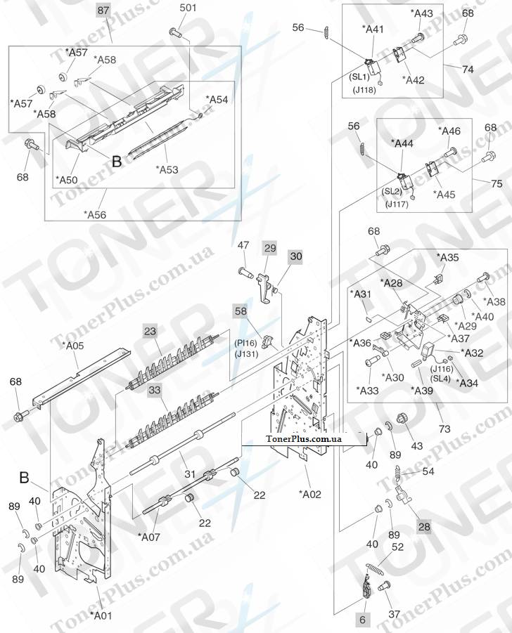 Каталог запчастей для HP Color LaserJet CM6040f MFP - Saddle assembly (3 of 4) (booklet-maker)