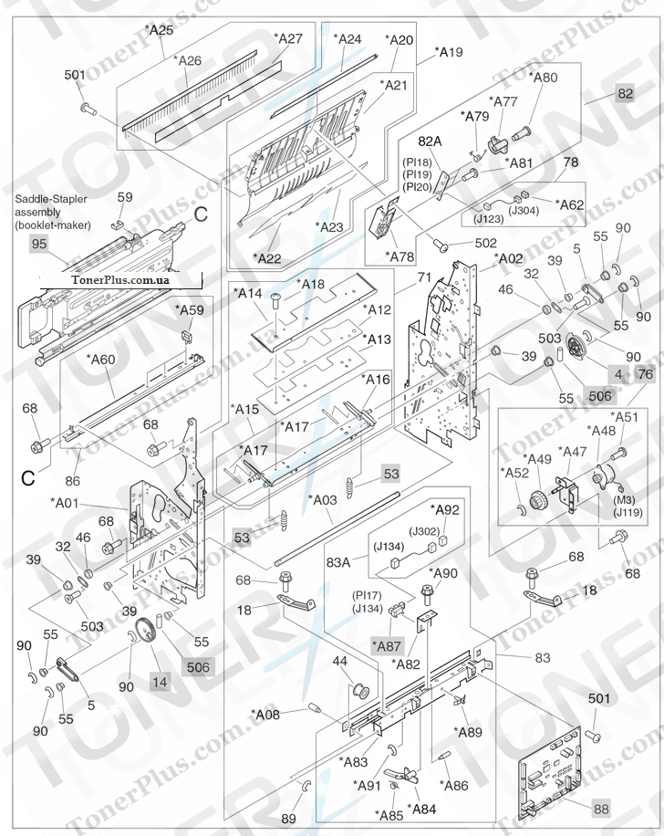 Каталог запчастей для HP Color LaserJet CM6040 MFP - Saddle assembly (4 of 4) (booklet-maker)