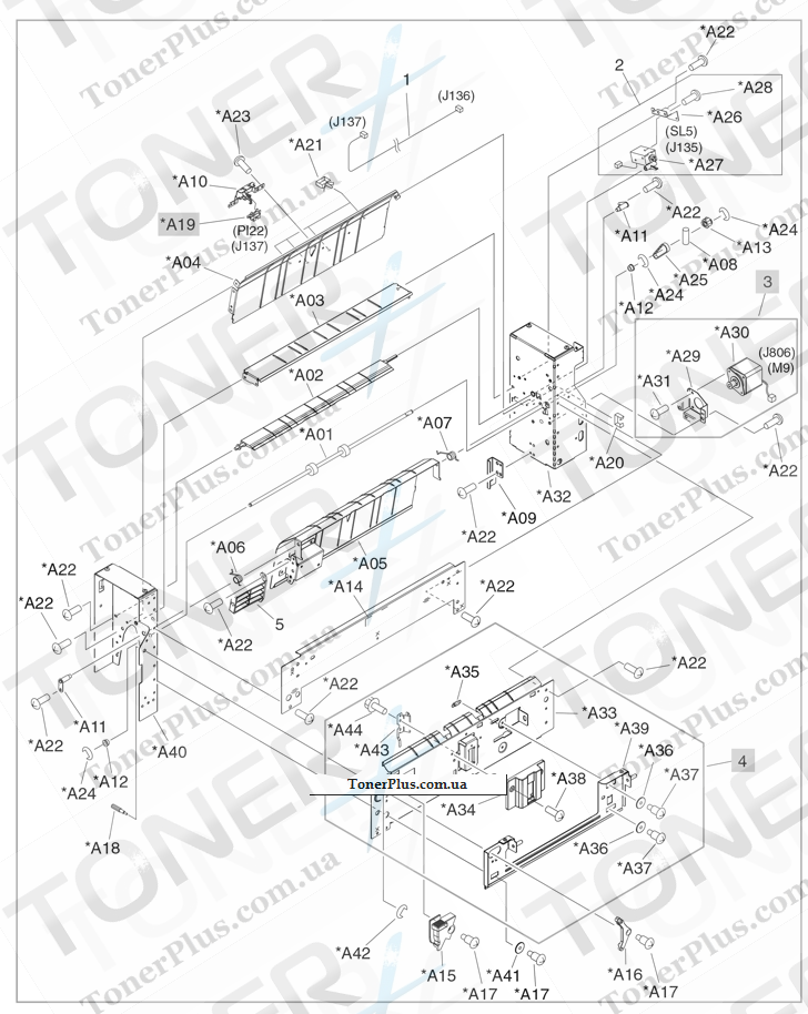 Каталог запчастей для HP Color LaserJet CM6040 MFP - Saddle paper-feeder assembly (booklet-maker)