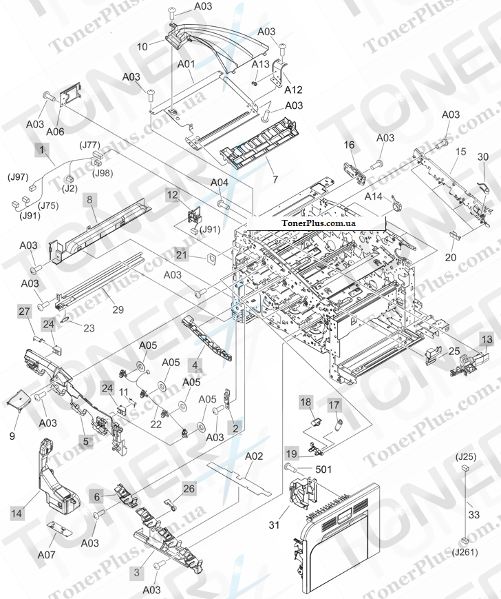 Каталог запчастей для HP Color LaserJet CP3525 - Internal components 1 of 5