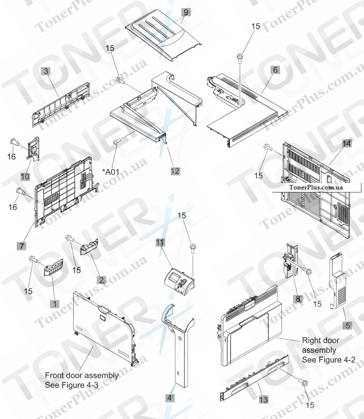 Каталог запчастей для HP Color LaserJet CP4520 Series - External covers, panels, and doors