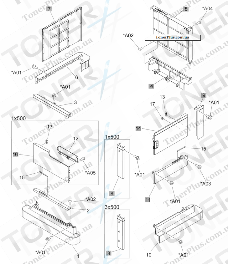 Каталог запчастей для HP Color LaserJet CP4520 Series - Paper feeder external covers, panels, and doors