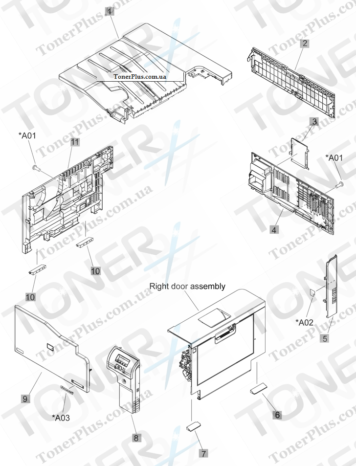 Каталог запчастей для HP Color LaserJet CP5225dn - External covers, panels, and doors