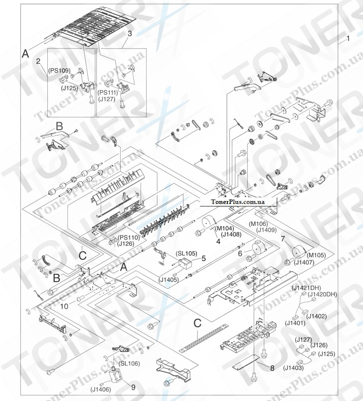 Каталог запчастей для HP LaserJet M4349x MFP - Reverse assembly