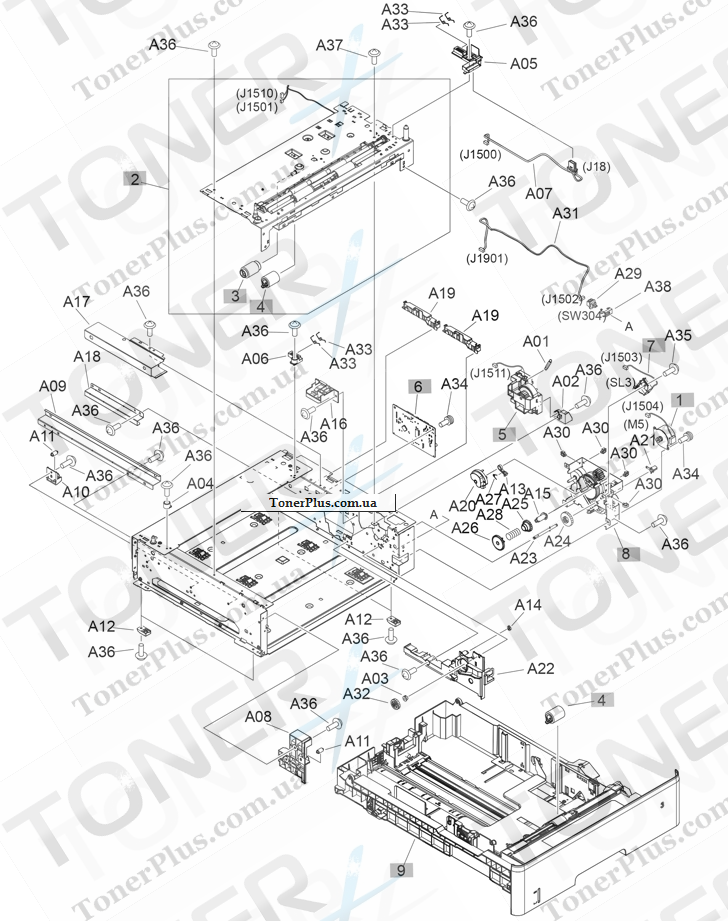 Каталог запчастей для HP LaserJet Pro M435nw MFP - 500-sheet feeder internal components