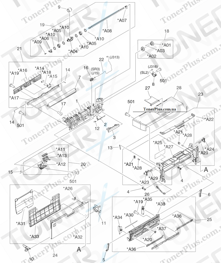 Каталог запчастей для HP LaserJet M5025 MFP - Cartridge door assembly (print engine)