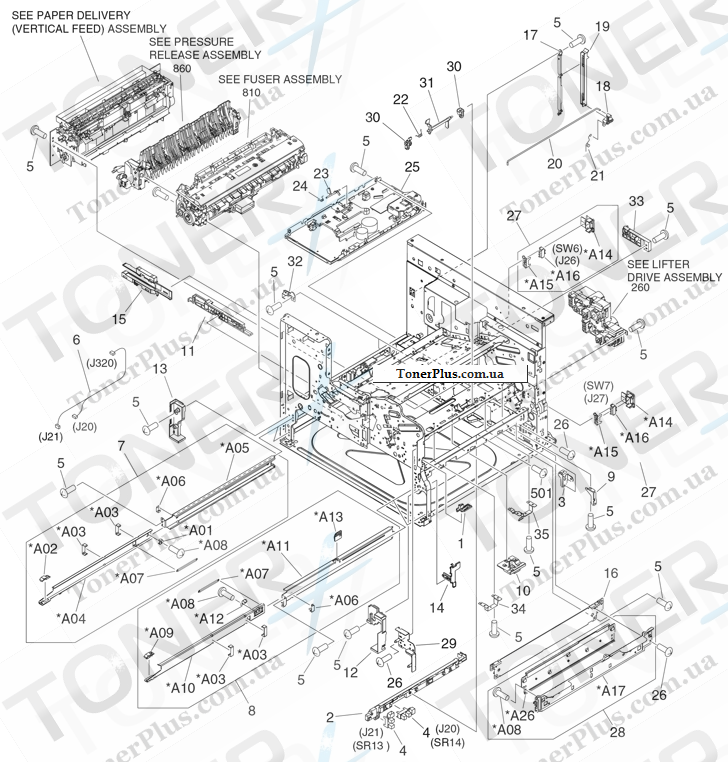 Каталог запчастей для HP LaserJet M5025 MFP - Internal components (print engine 3 of 3)