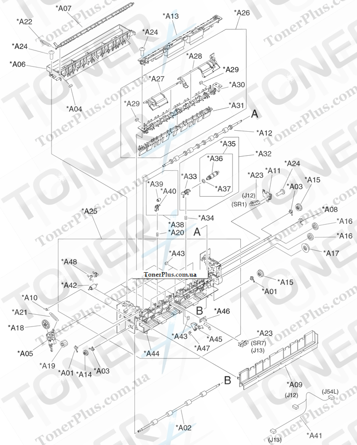 Каталог запчастей для HP LaserJet M5035 MFP - Paper delivery assembly (print engine)