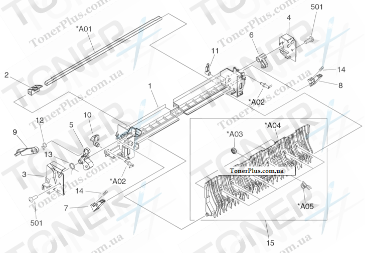 Каталог запчастей для HP LaserJet M5035 MFP - Fuser pressure release assembly (print engine)