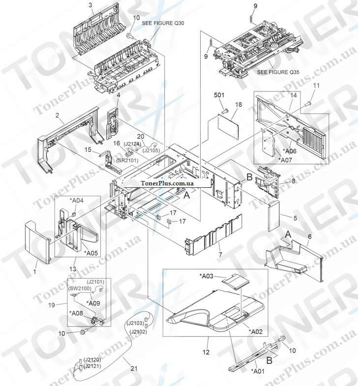 Каталог запчастей для HP LaserJet M5039XS MFP - Main body (stapler/stacker)
