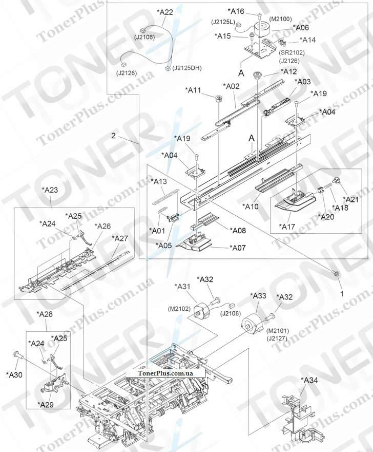 Каталог запчастей для HP LaserJet M5039XS MFP - Alignment/jogger assembly (stapler/stacker)