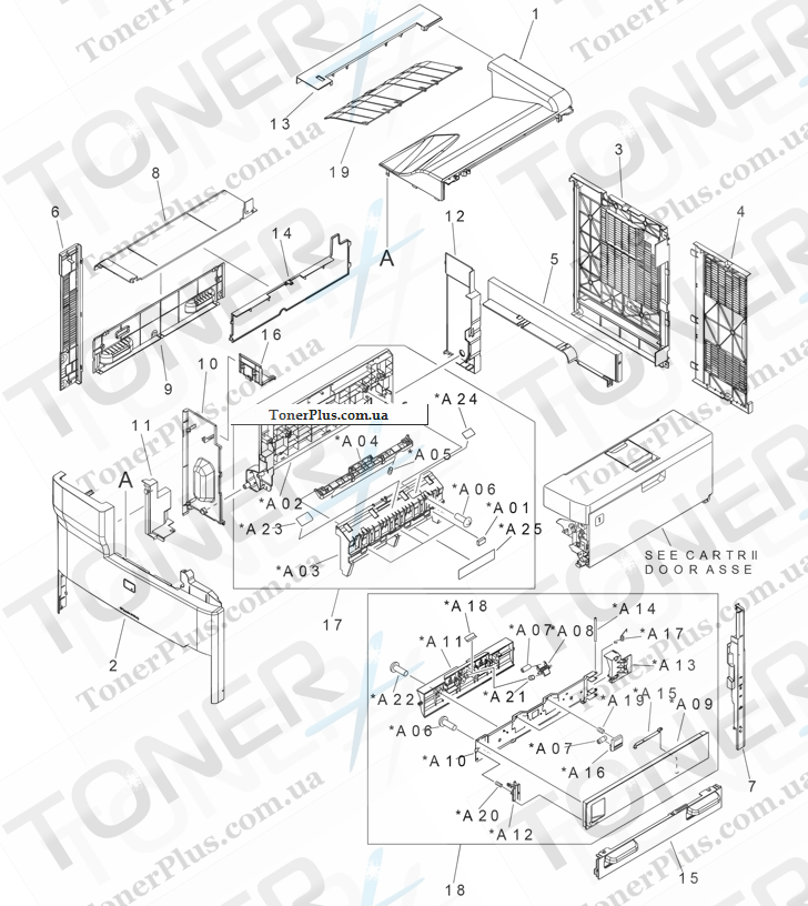 Каталог запчастей для HP LaserJet M5039XS MFP - External panel and covers (print engine)