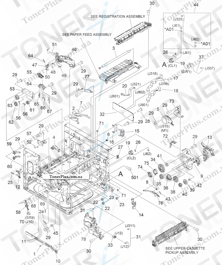 Каталог запчастей для HP LaserJet M5039XS MFP - Internal components (1 of 3) (print engine)