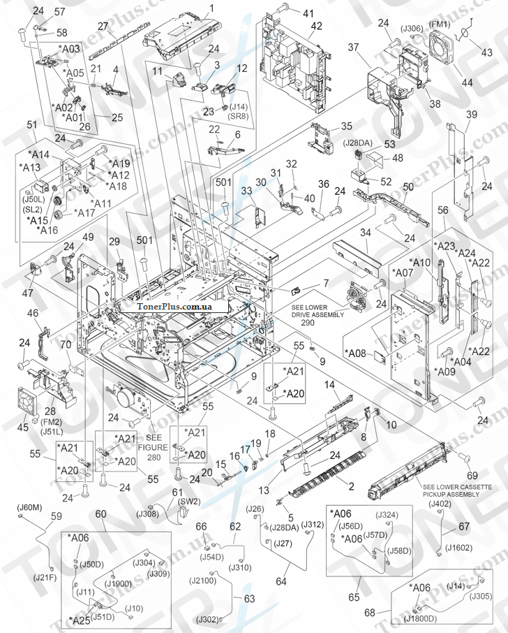Каталог запчастей для HP LaserJet M5039XS MFP - Internal components (2 of 3) (print engine)