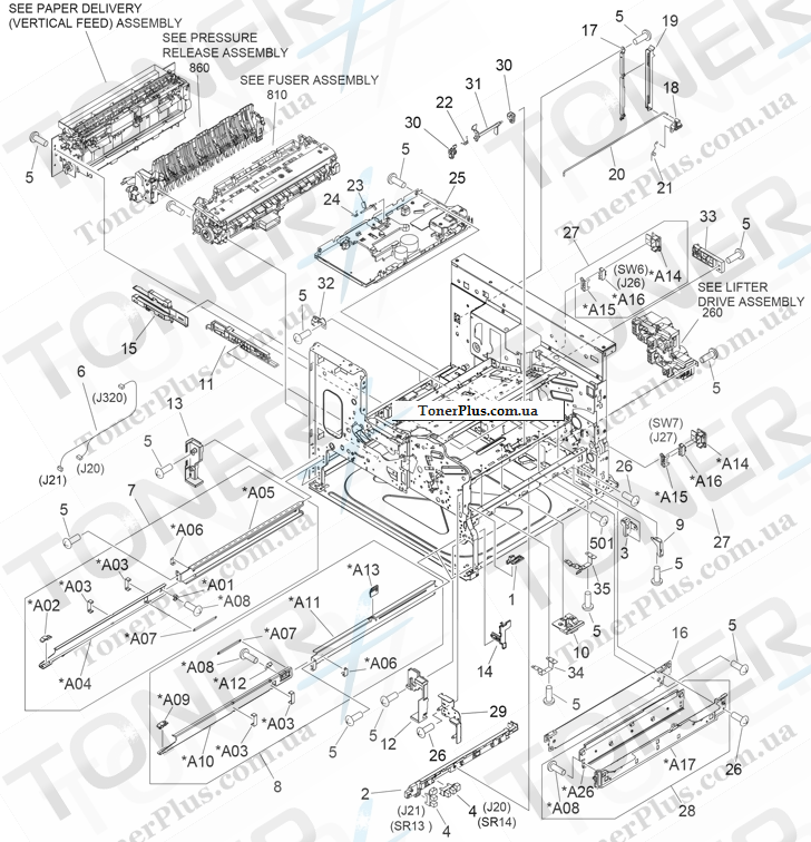 Каталог запчастей для HP LaserJet M5039XS MFP - Internal components (3 of 3) (print engine)