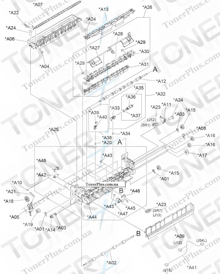 Каталог запчастей для HP LaserJet M5039XS MFP - Paper delivery assembly (print engine)