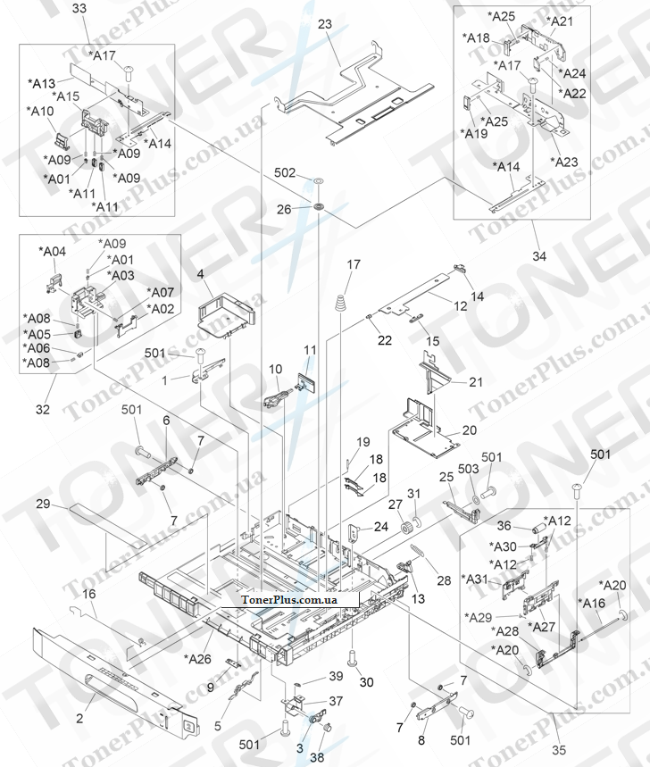 Каталог запчастей для HP LaserJet M5039XS MFP - Upper cassette (print engine)