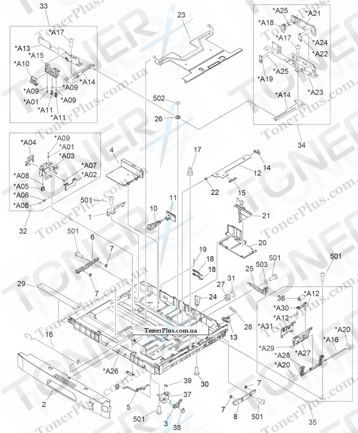 Каталог запчастей для HP LaserJet M5039XS MFP - Lower cassette (print engine)