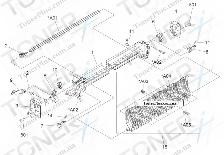 Каталог запчастей для HP LaserJet M5039XS MFP - Fuser pressure release assembly (print engine)