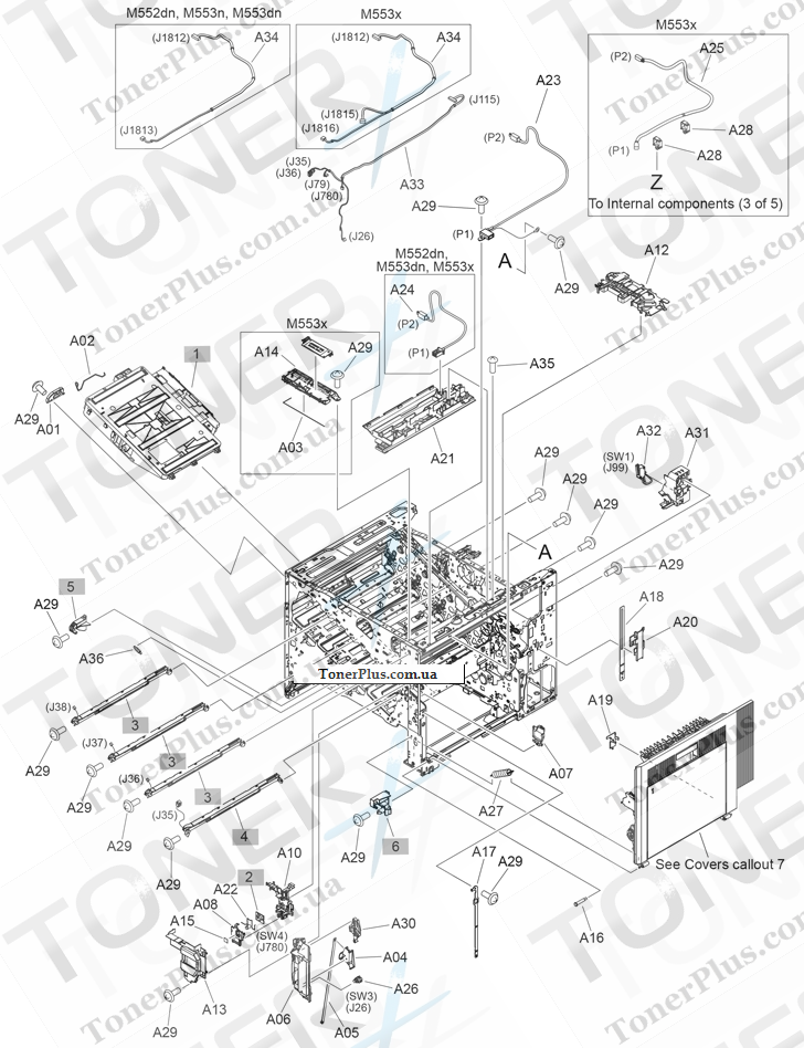 Каталог запчастей для HP Color LaserJet Enterprise M553 - Internal components (2 of 5)