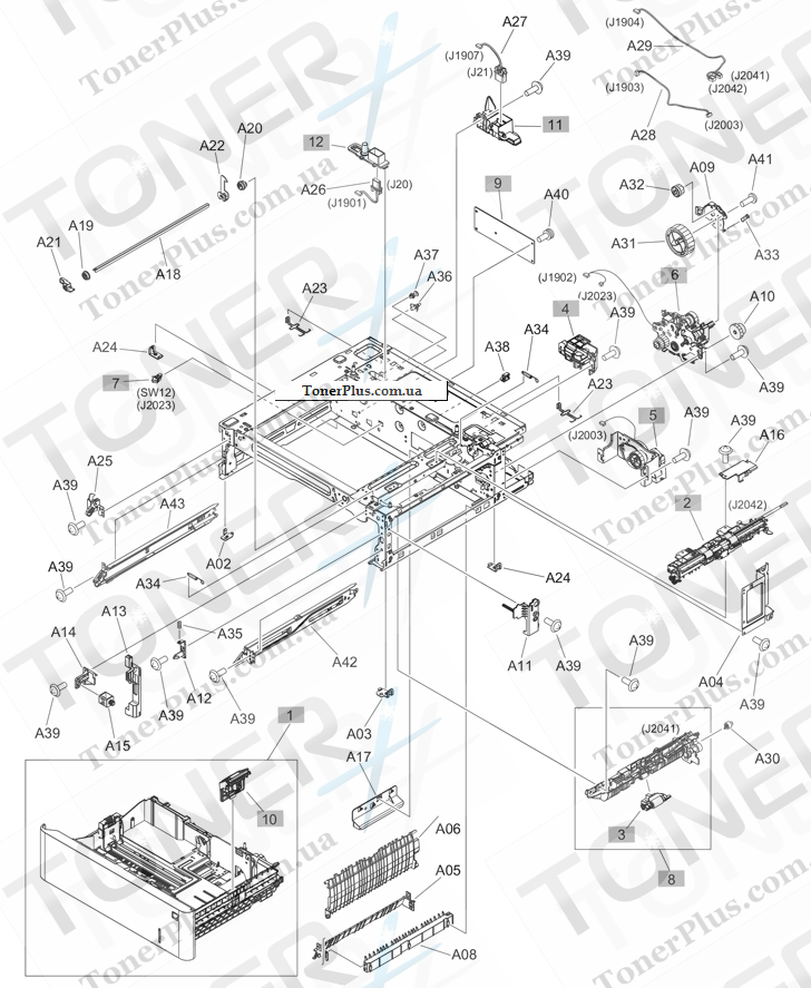 Каталог запчастей для HP Color LaserJet Enterprise M552 - 550-sheet paper feeder main body