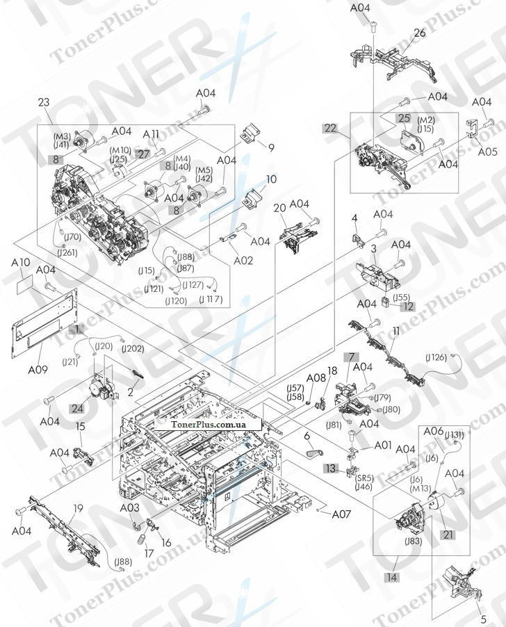 Каталог запчастей для HP LaserJet M570dn Pro 500 Color MFP - Internal assemblies (6 of 6)