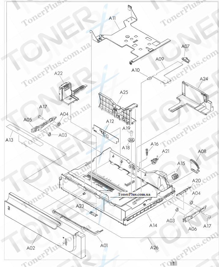 Каталог запчастей для HP LaserJet M570dw Pro 500 Color MFP - 1 x 500-sheet paper feeder