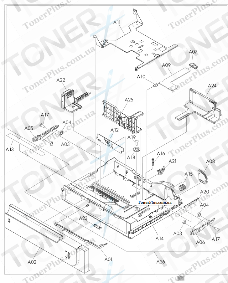 Каталог запчастей для HP LaserJet M575c Enterprise 500 Color MFP - 1 x 500-sheet paper feeder