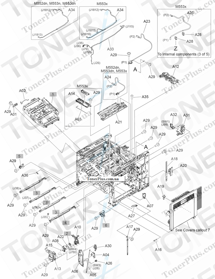 Каталог запчастей для HP LaserJet M577c Enterprise Color MFP - Internal components (2 of 5)