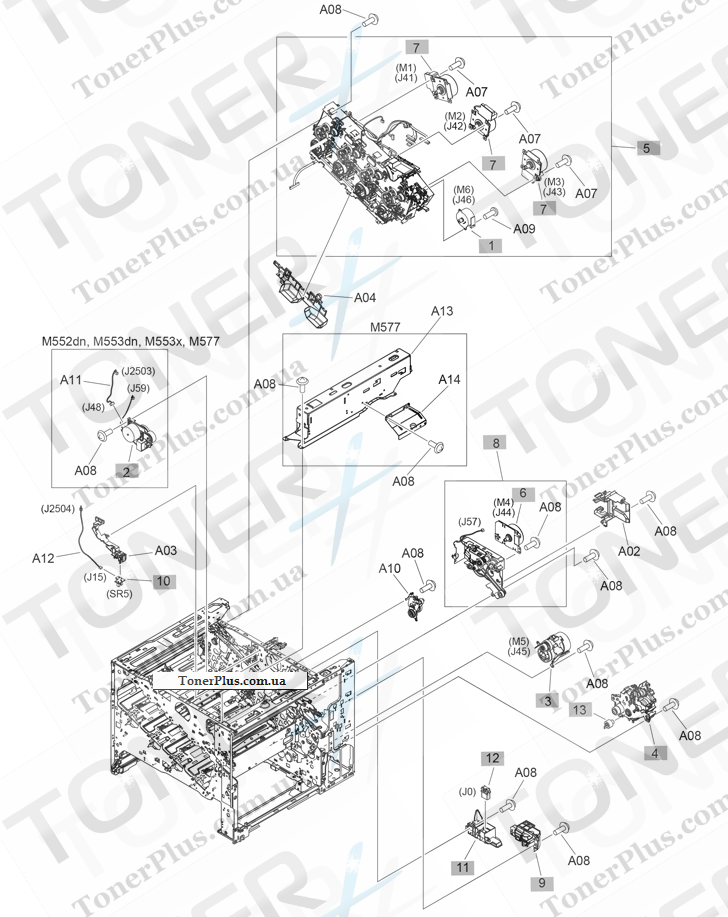 Каталог запчастей для HP LaserJet M577 Enterprise Color MFP - Internal components (5 of 5)