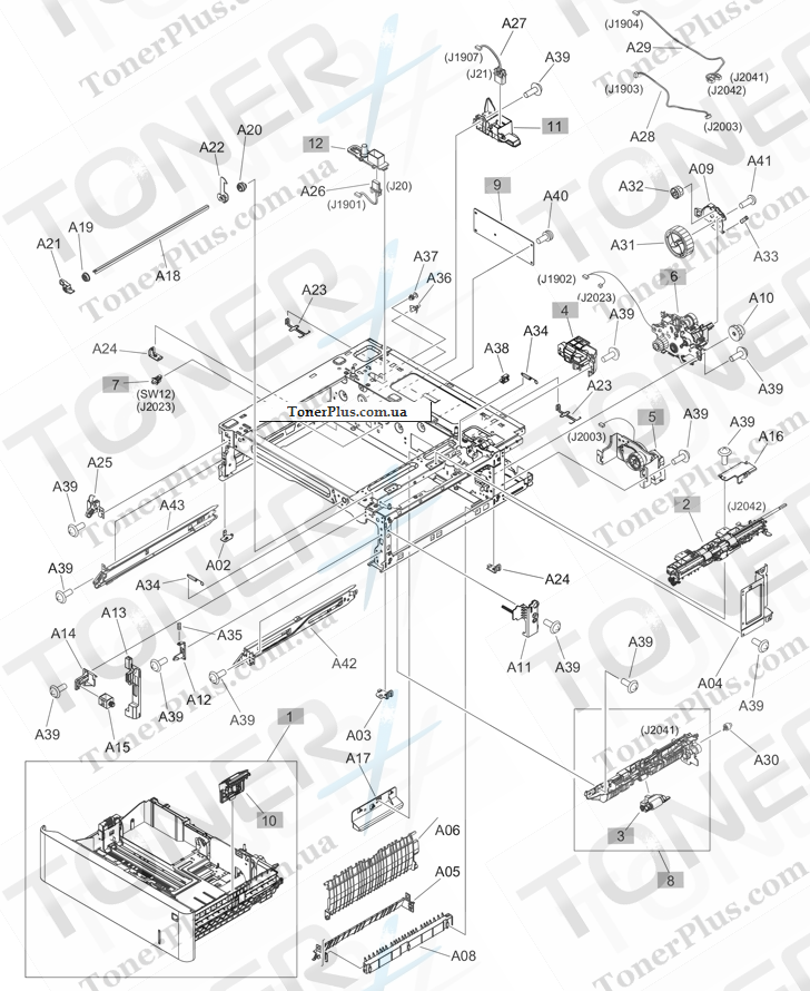 Каталог запчастей для HP LaserJet M577dn Enterprise Color MFP - 550-sheet paper feeder main body