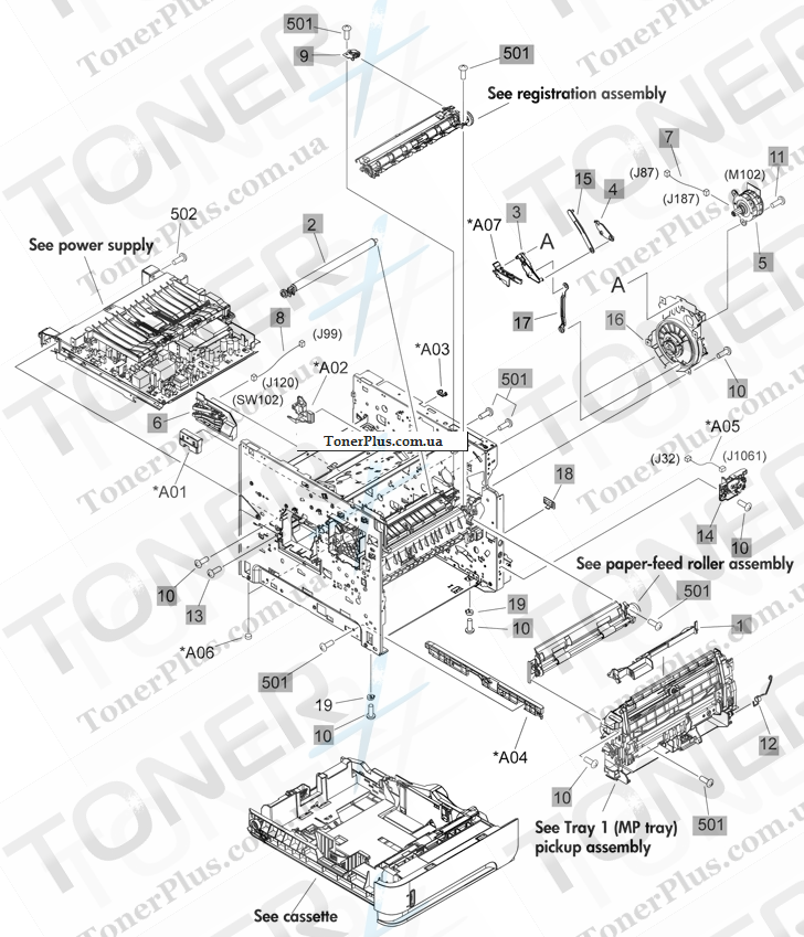 Каталог запчастей для HP LaserJet M602 Enterprise 600 - Internal components 1
