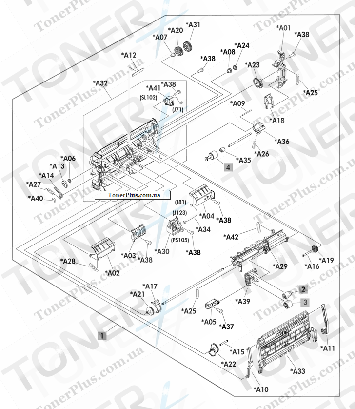 Каталог запчастей для HP LaserJet M603 Enterprise 600 - Tray 1 (MP) pickup assembly