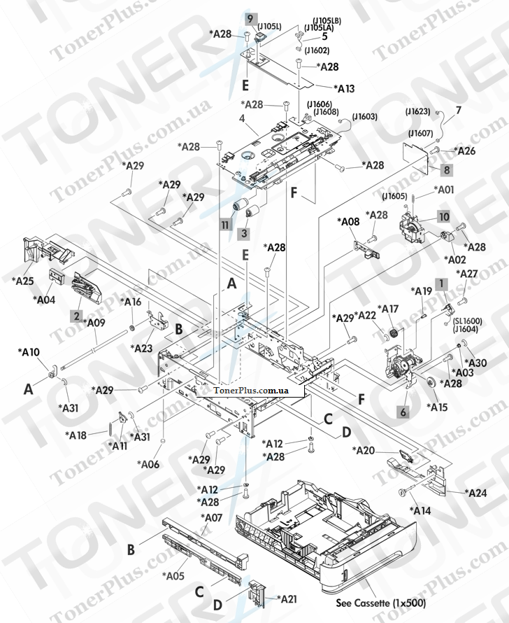 Каталог запчастей для HP LaserJet M601 Enterprise 600 - Main body (1x500)