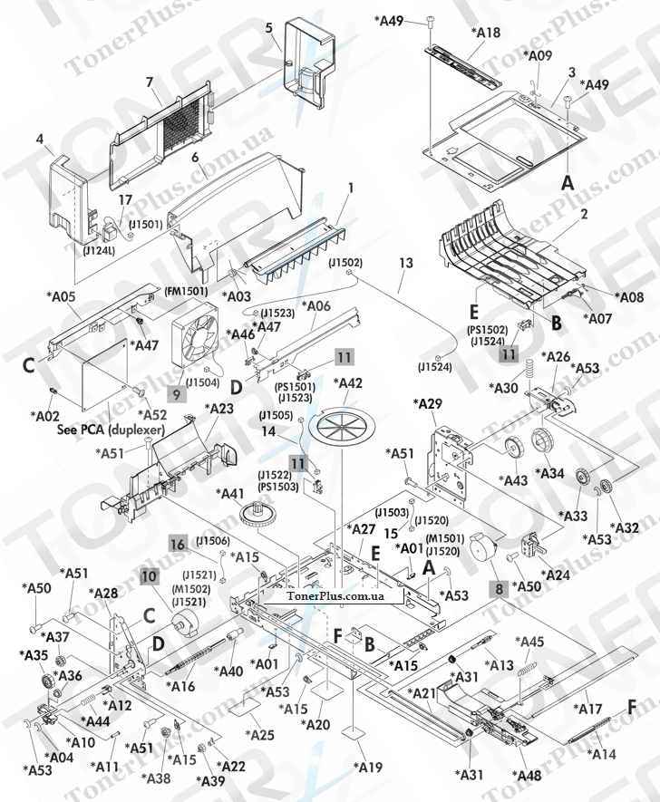 Каталог запчастей для HP LaserJet M603 Enterprise 600 - Main body (duplexer)