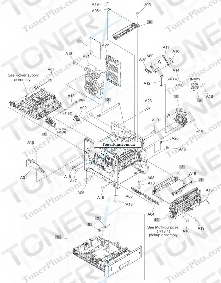 Каталог запчастей для HP LaserJet M604n Enterprise - Internal components (1 of 3)