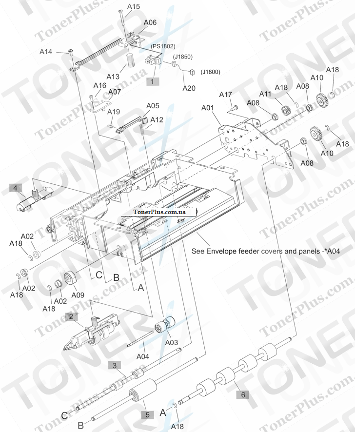 Каталог запчастей для HP LaserJet M606dn Enterprise - Envelope feeder internal components (1 of 2)