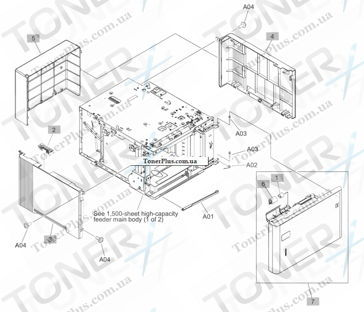 Каталог запчастей для HP LaserJet M604dn Enterprise - 1,500-sheet feeder covers and panels