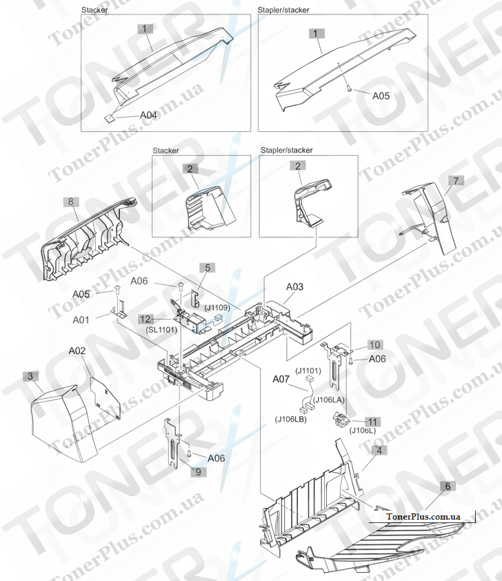 Каталог запчастей для HP LaserJet M605 Enterprise - Stacker and stapler/stacker covers and panels