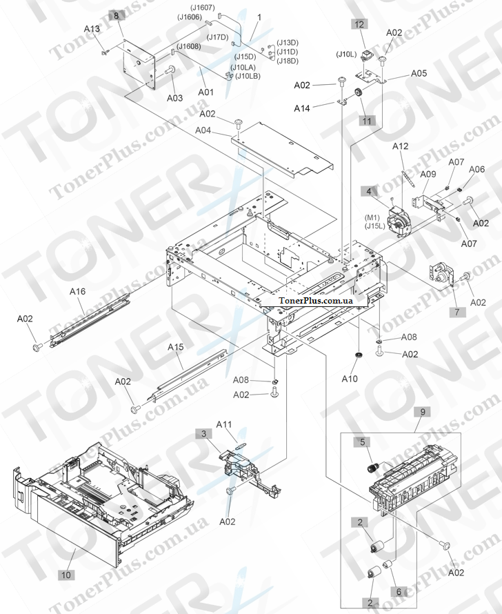 Каталог запчастей для HP LaserJet M630z Enterprise MFP - 1x500-sheet paper feeder components