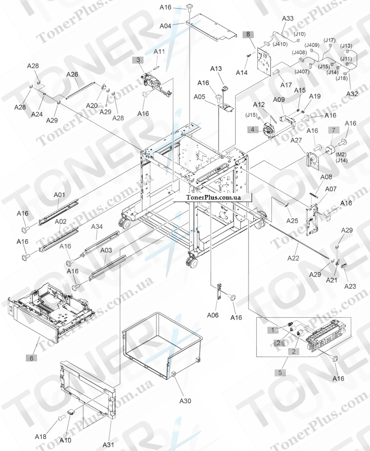 Каталог запчастей для HP LaserJet M651xh Enterprise Color - 1x500-sheet paper feeder with cabinet components