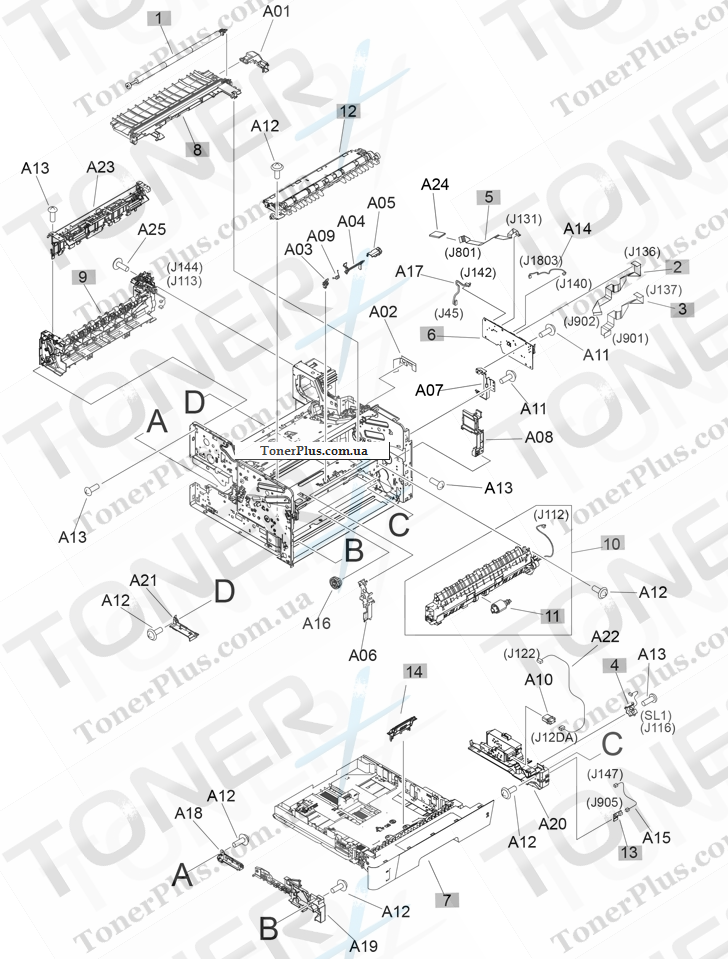 Каталог запчастей для HP LaserJet M701 Pro - Internal components (1 of 3)